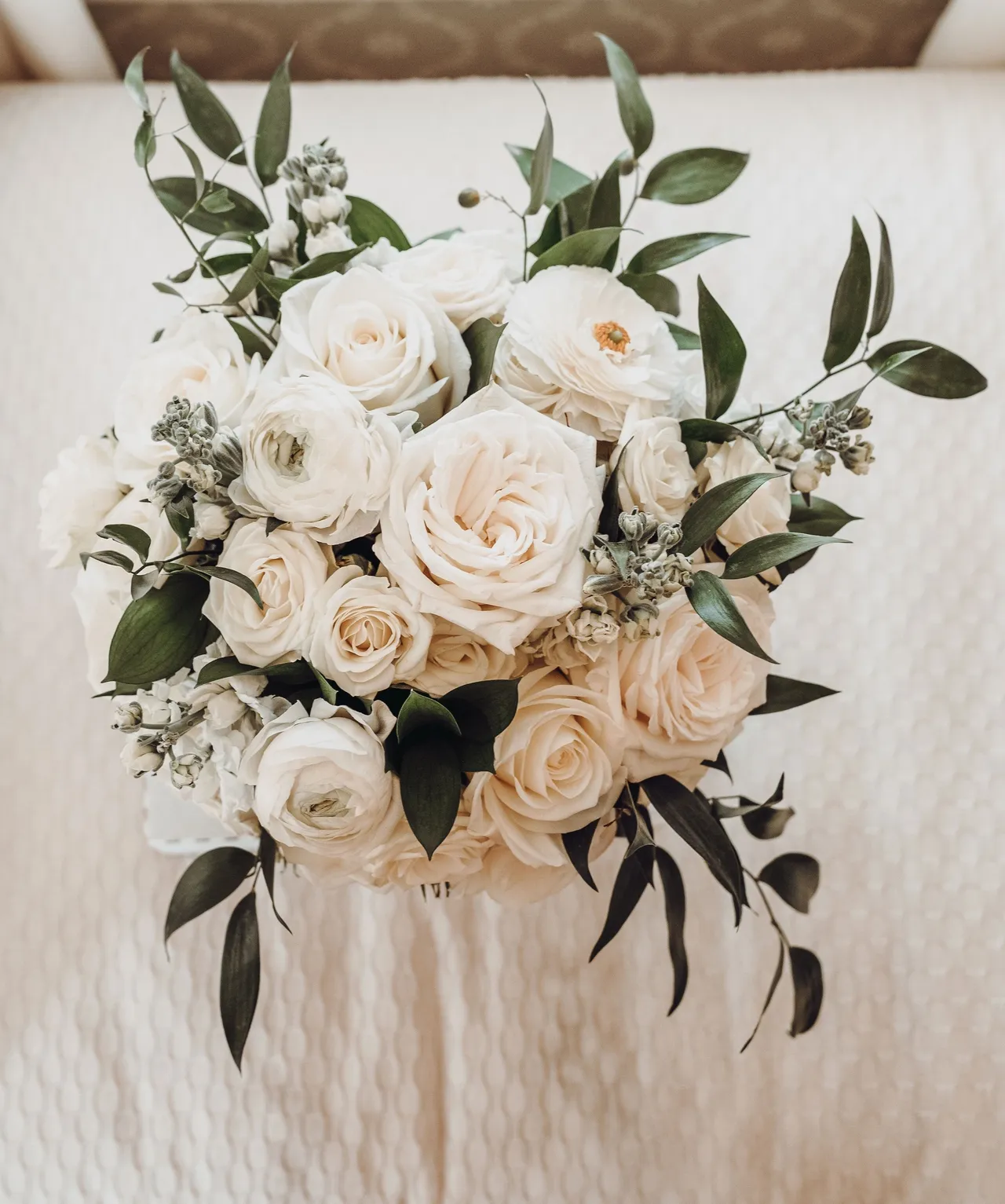 White Roses and White Garden Roses Table Centerpiece